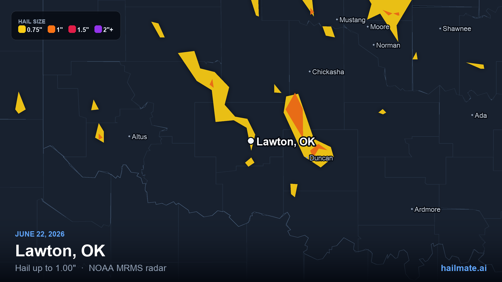 Hail swath map for Lawton, OK on June 22, 2026 showing 1.00 inch hail.