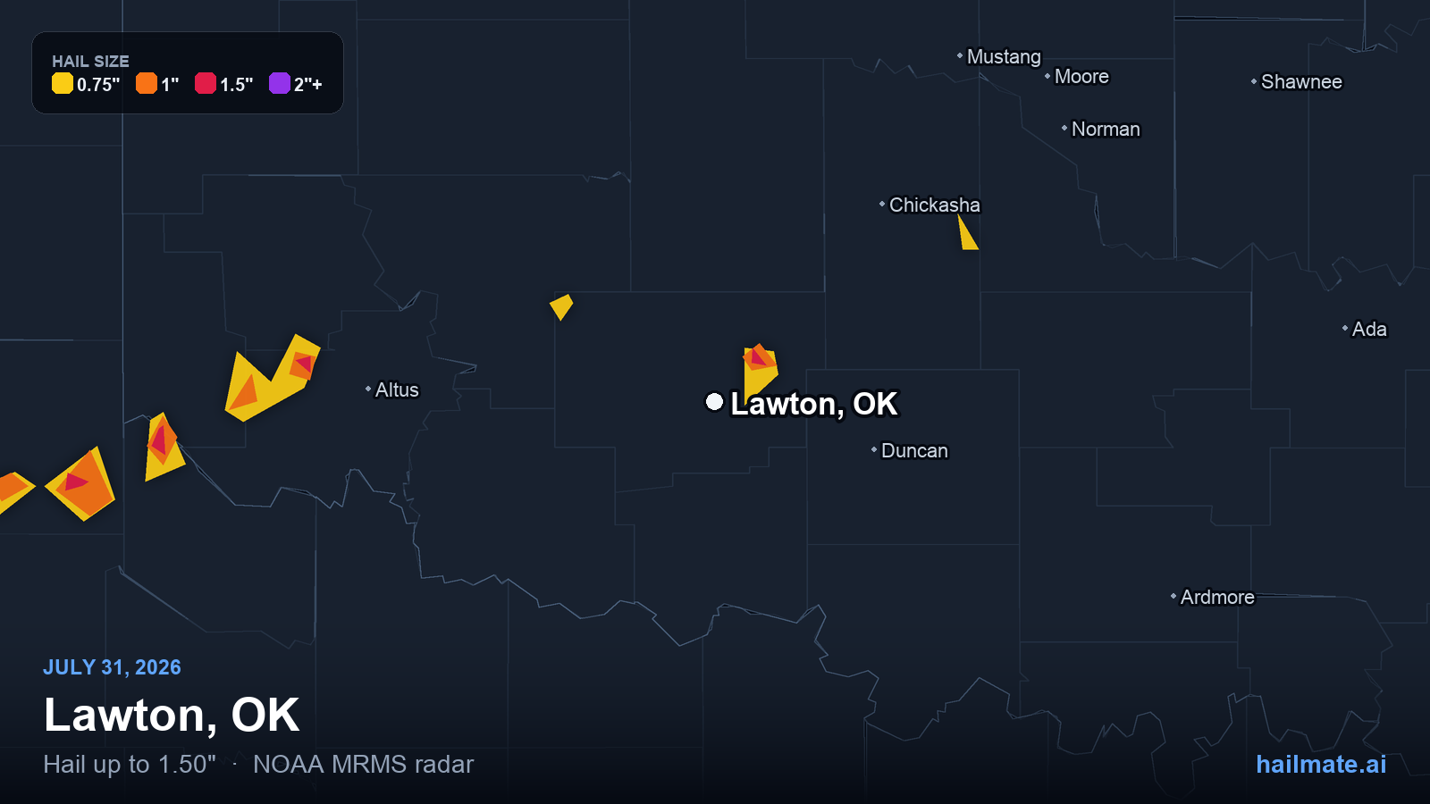 Hail swath map for Lawton, OK on July 31, 2026 showing 1.50 inch hail.