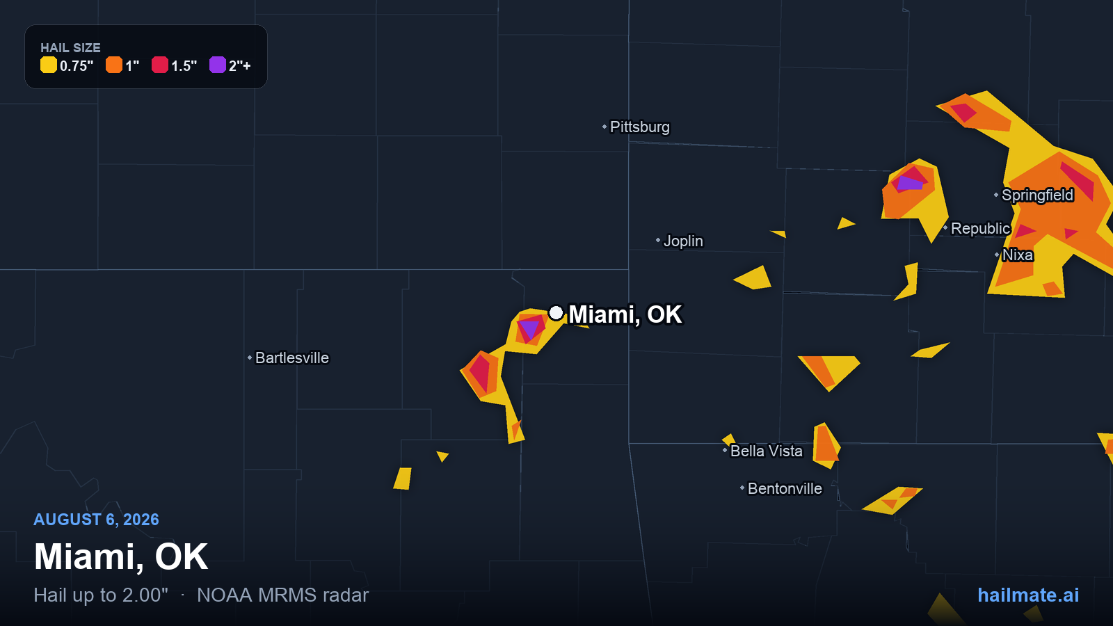 Hail swath map for Miami, OK on August 6, 2026 showing 2.00 inch hail.