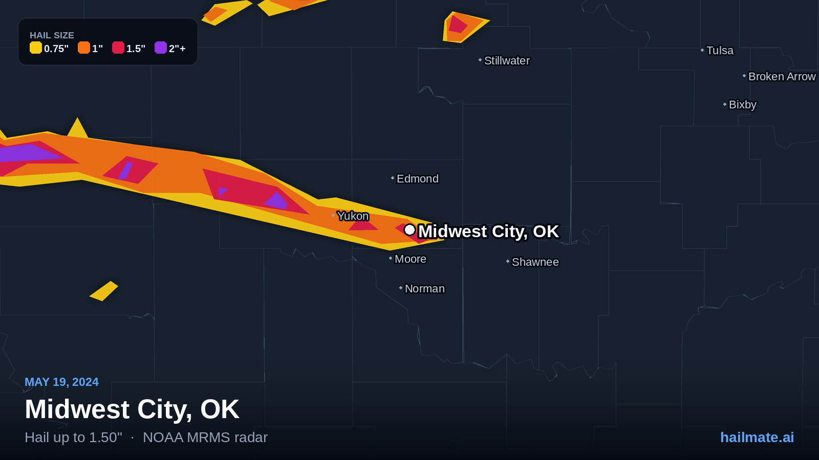 Hail swath map for Midwest City, OK on May 19, 2024 showing 1.50 inch hail.