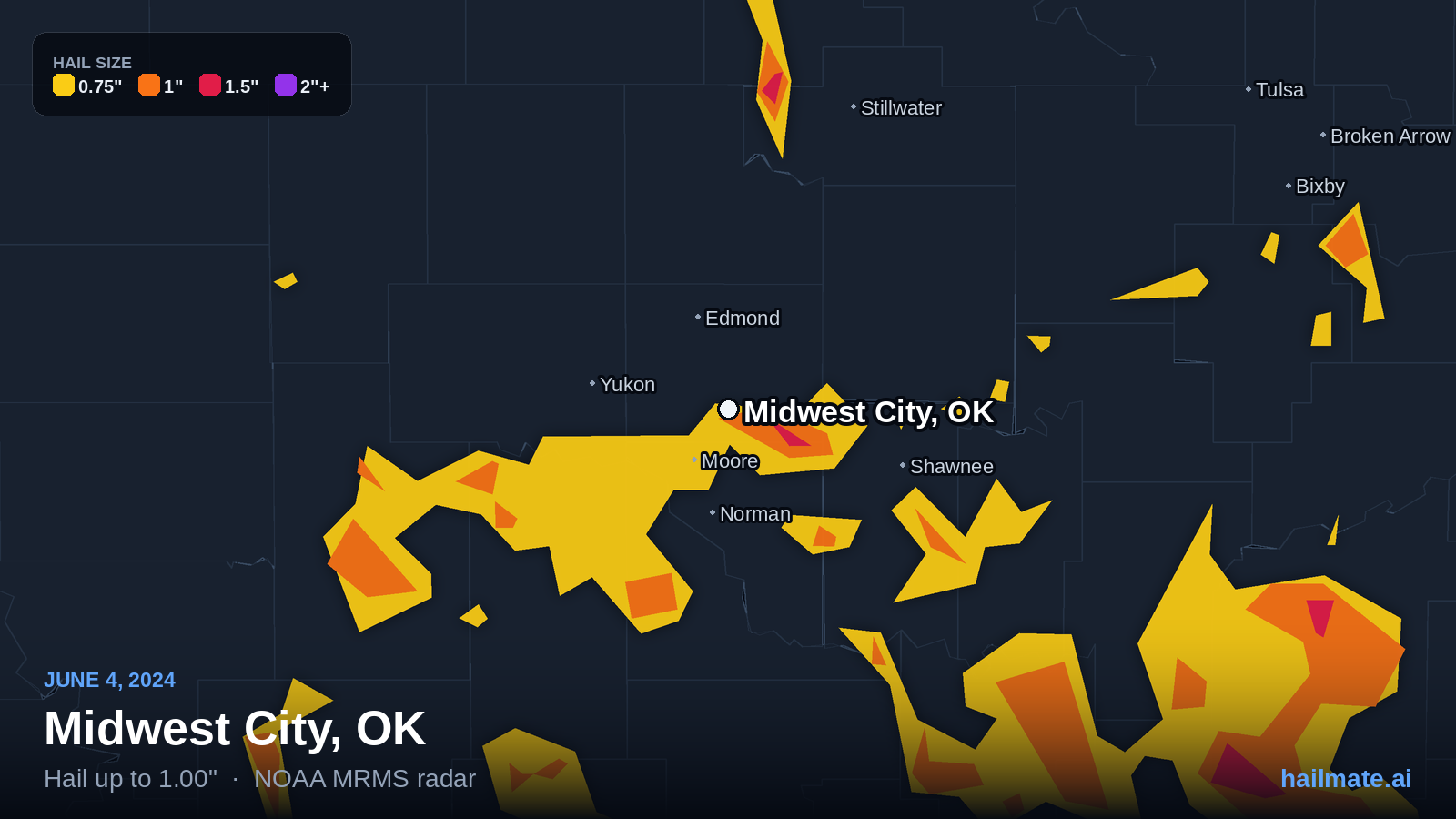 Hail swath map for Midwest City, OK on June 4, 2024 showing 1.00 inch hail.