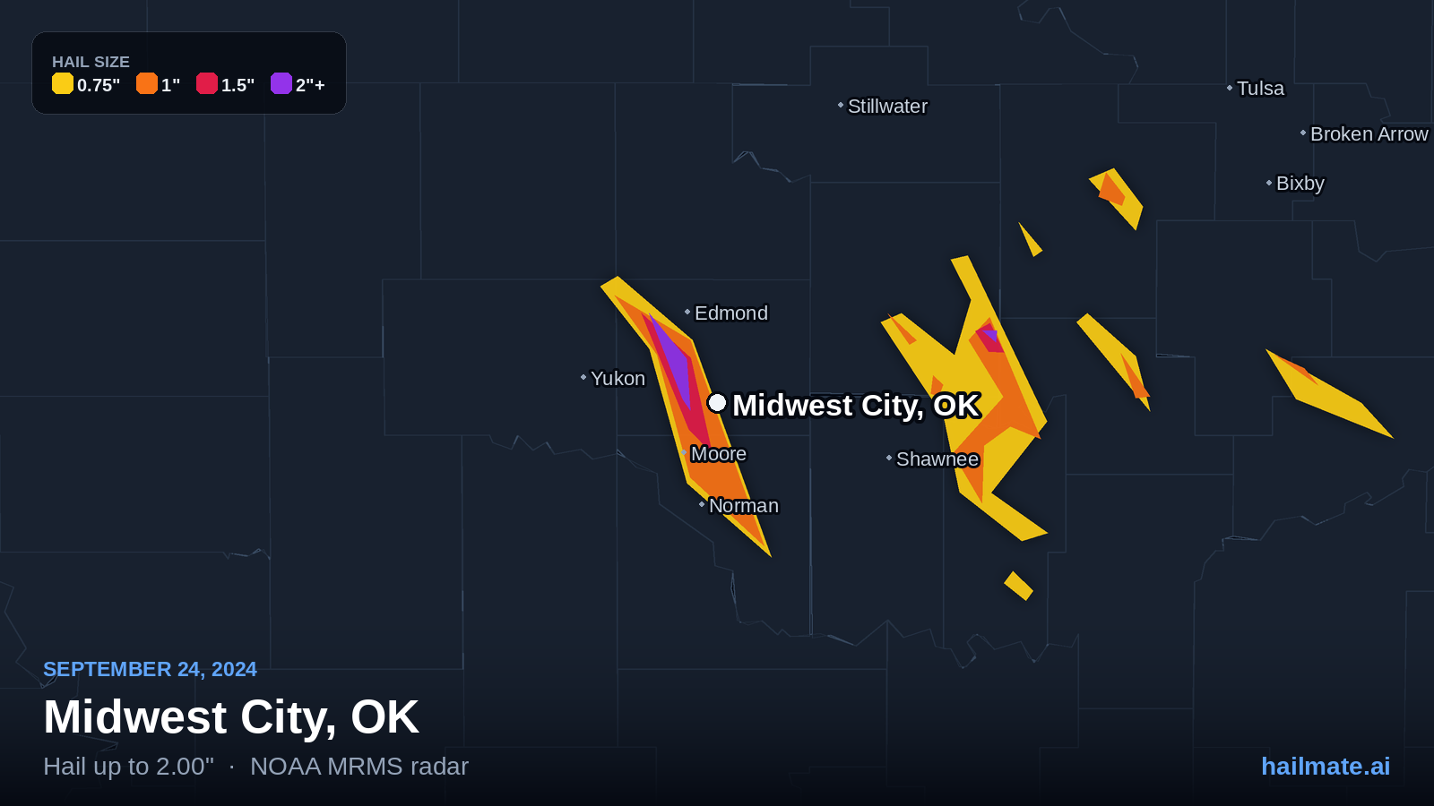 Hail swath map for Midwest City, OK on September 24, 2024 showing 2.00 inch hail.