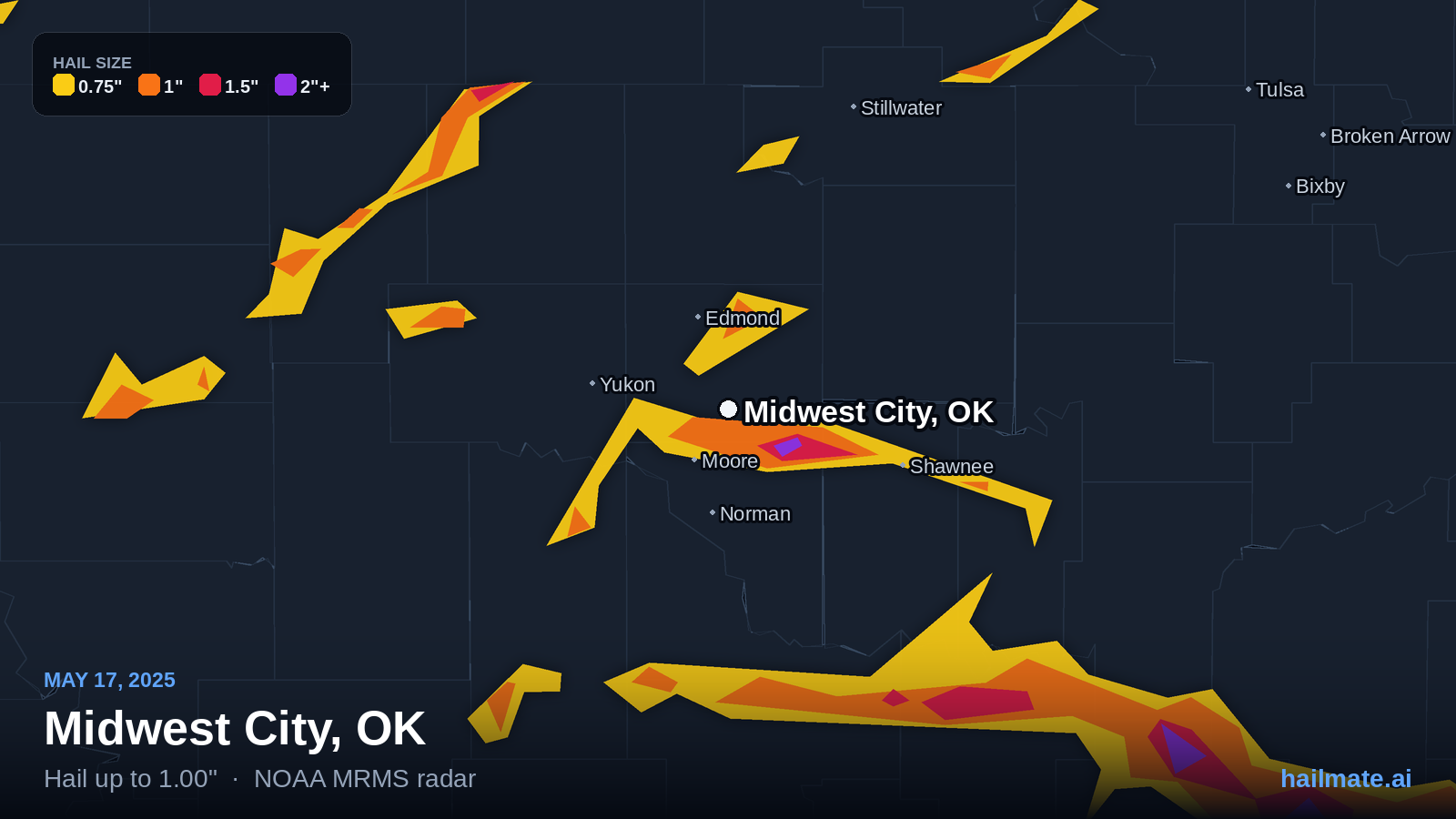 Hail swath map for Midwest City, OK on May 17, 2025 showing 1.00 inch hail.