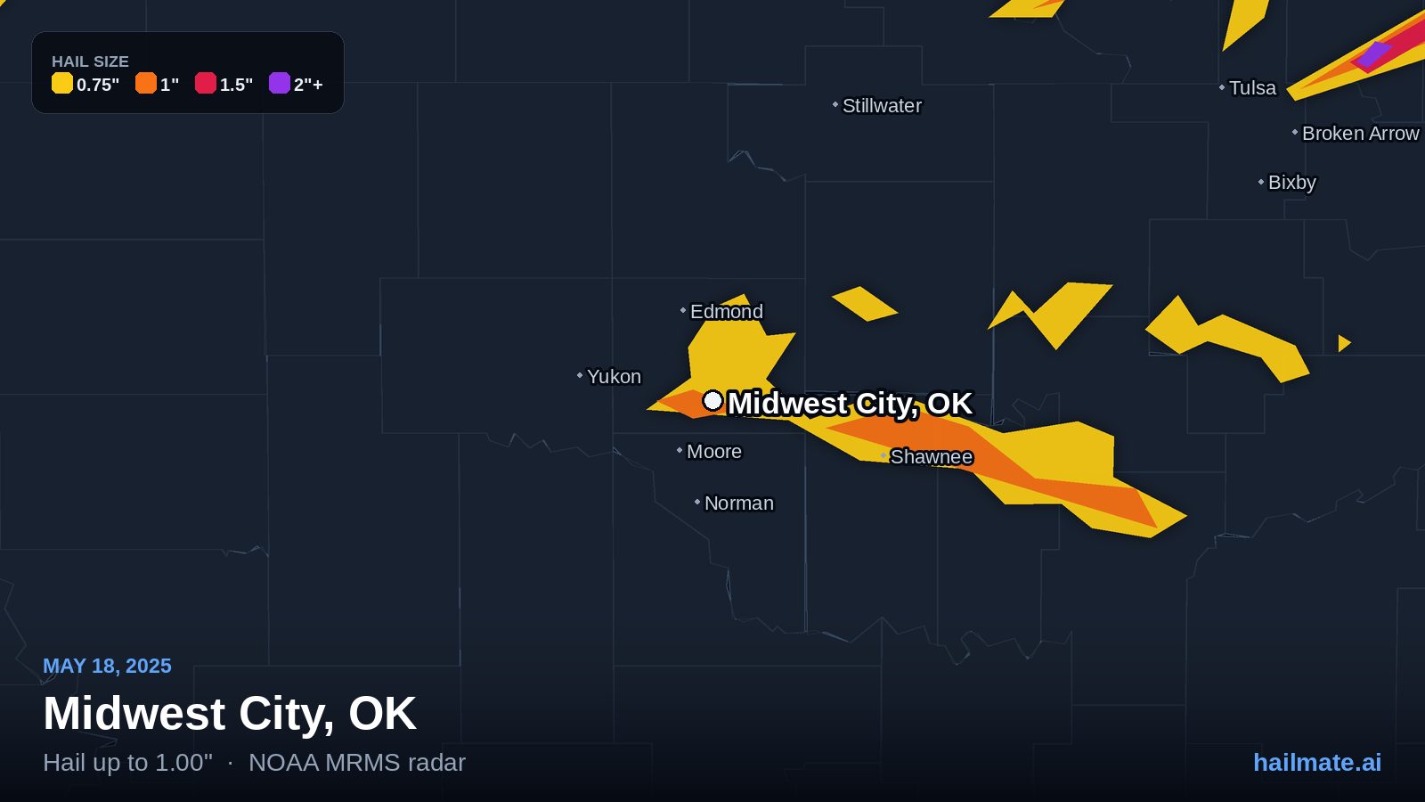 Hail swath map for Midwest City, OK on May 18, 2025 showing 1.00 inch hail.