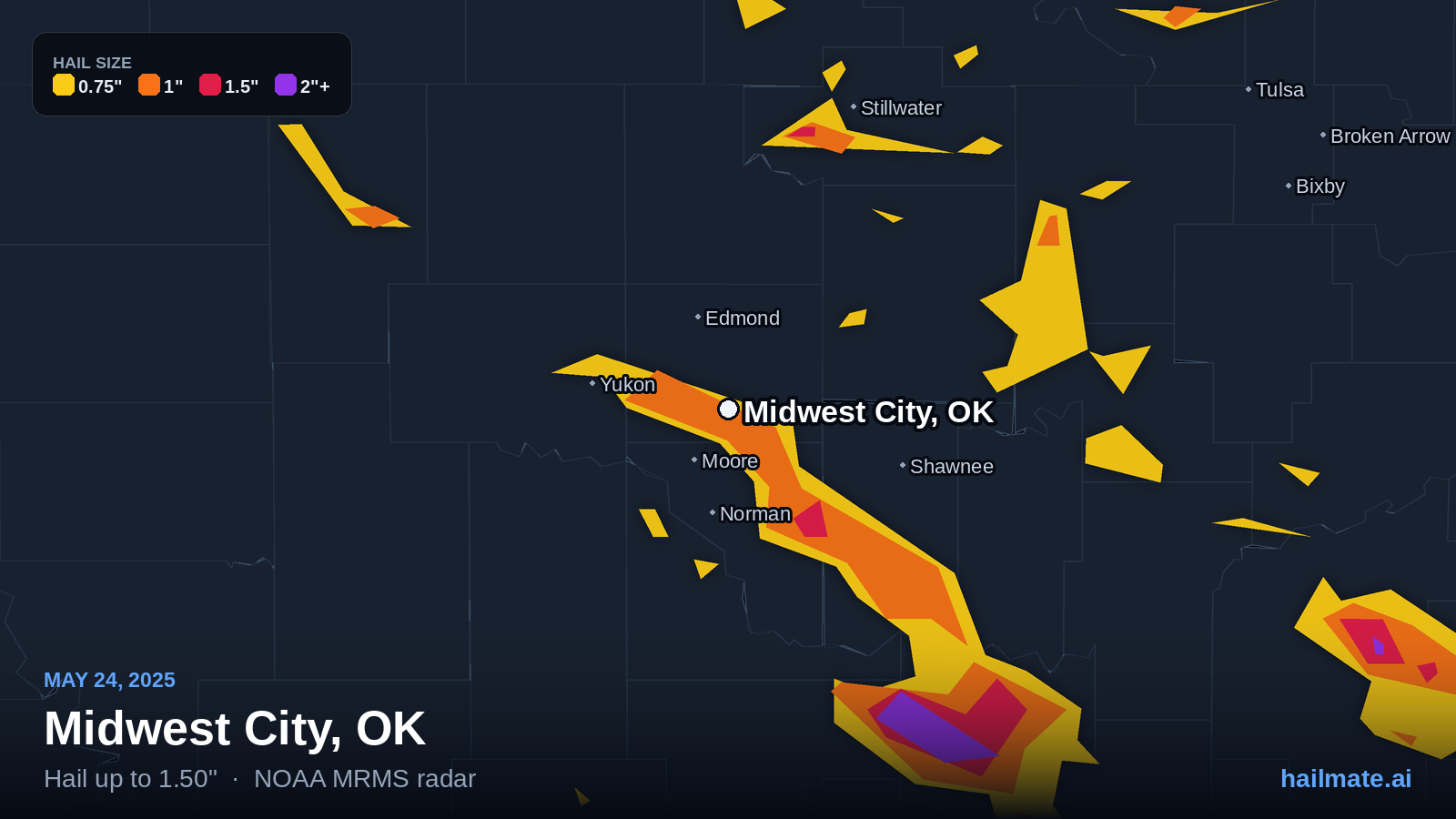 Hail swath map for Midwest City, OK on May 24, 2025 showing 1.50 inch hail.