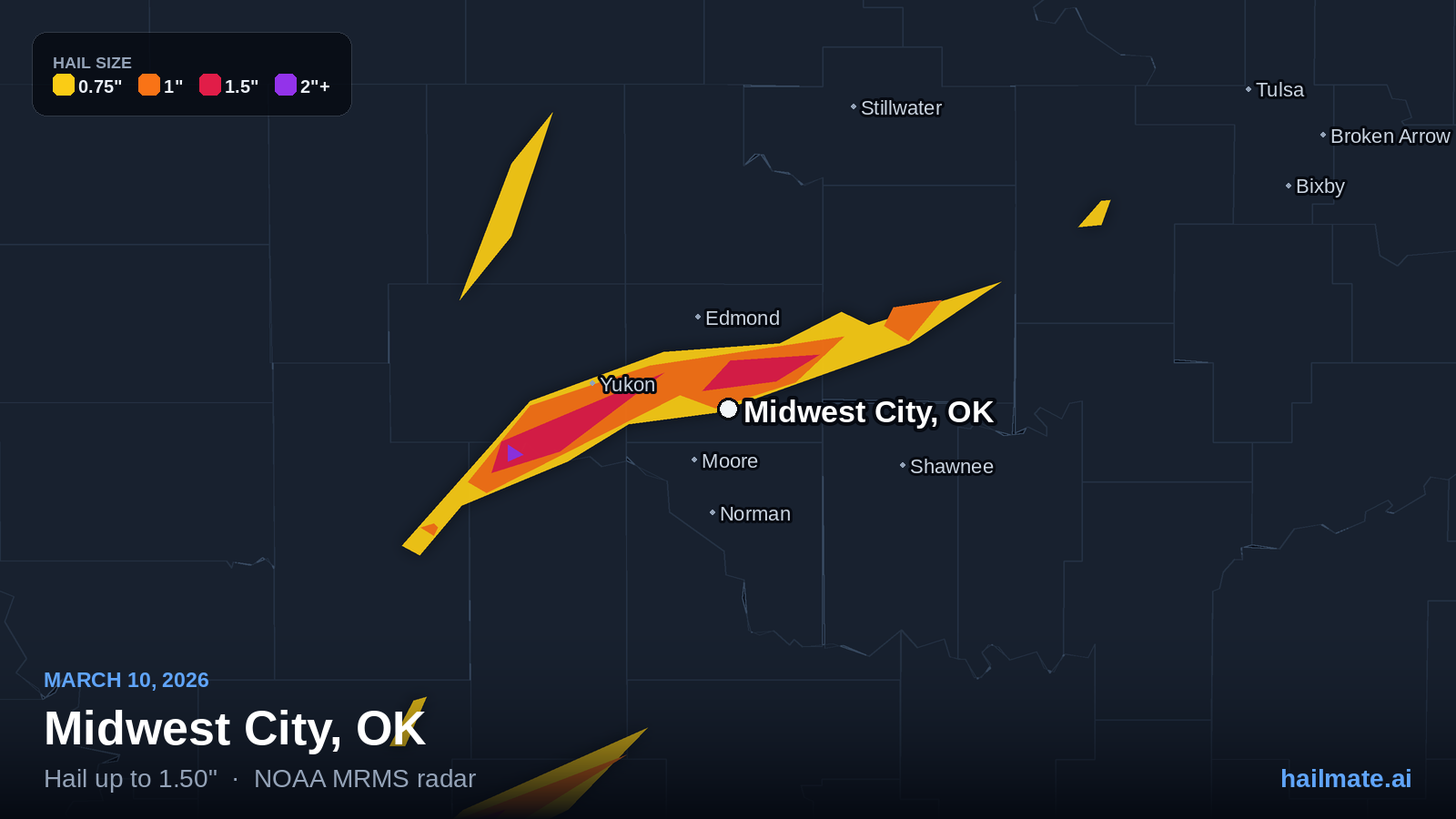 Hail swath map for Midwest City, OK on March 10, 2026 showing 1.50 inch hail.