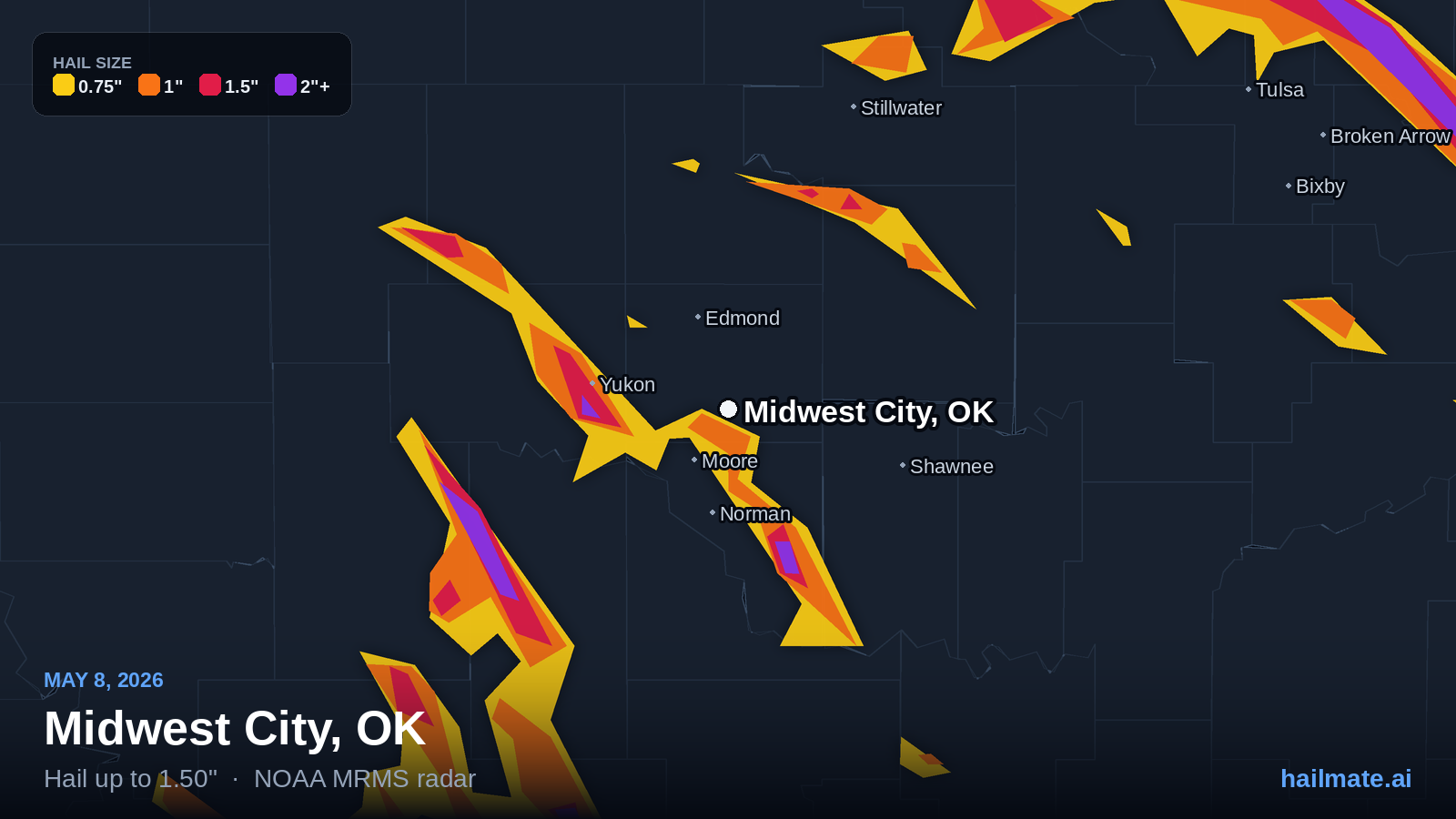 Hail swath map for Midwest City, OK on May 8, 2026 showing 1.50 inch hail.