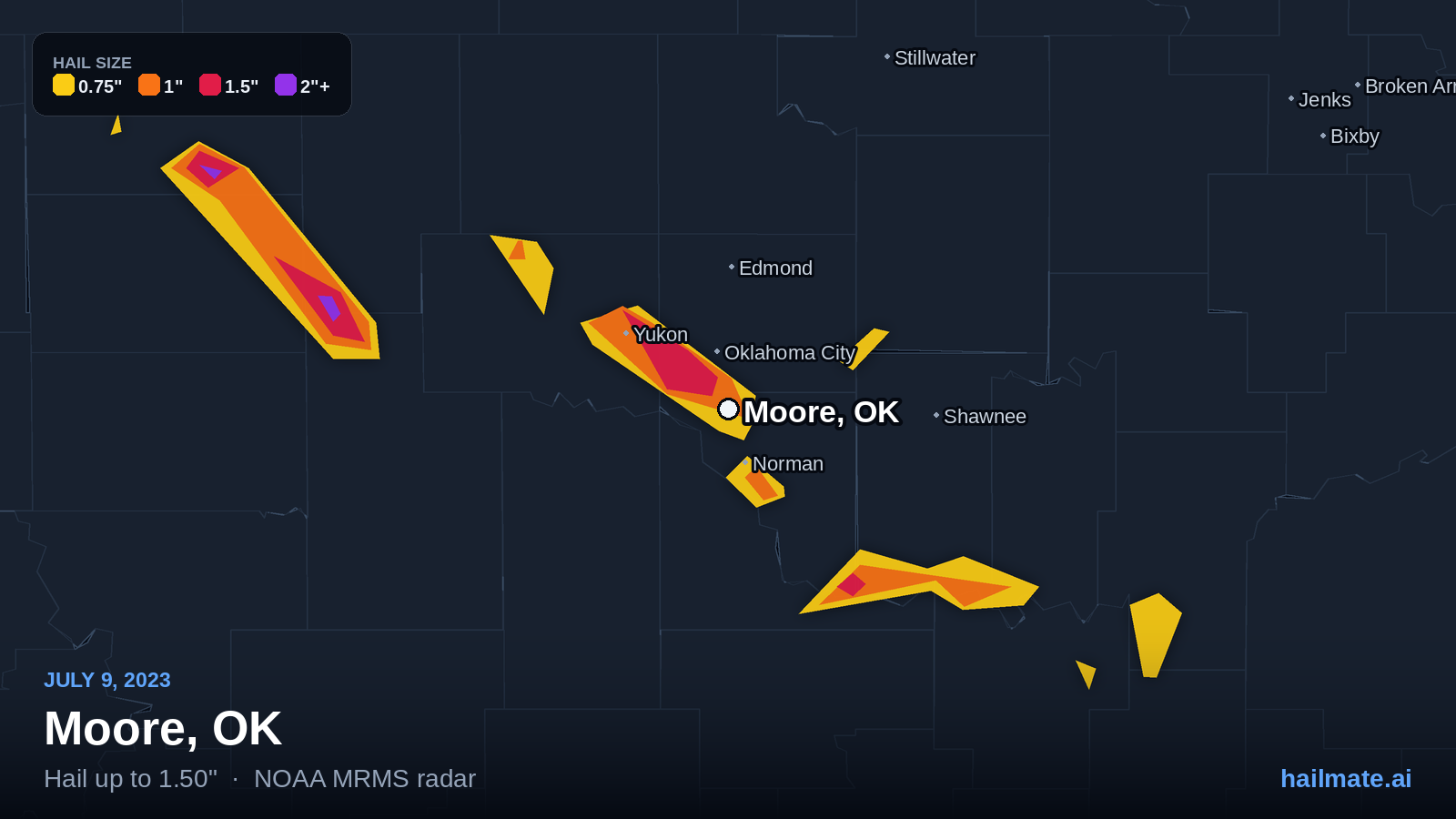Hail swath map for Moore, OK on July 9, 2023 showing 1.50 inch hail.