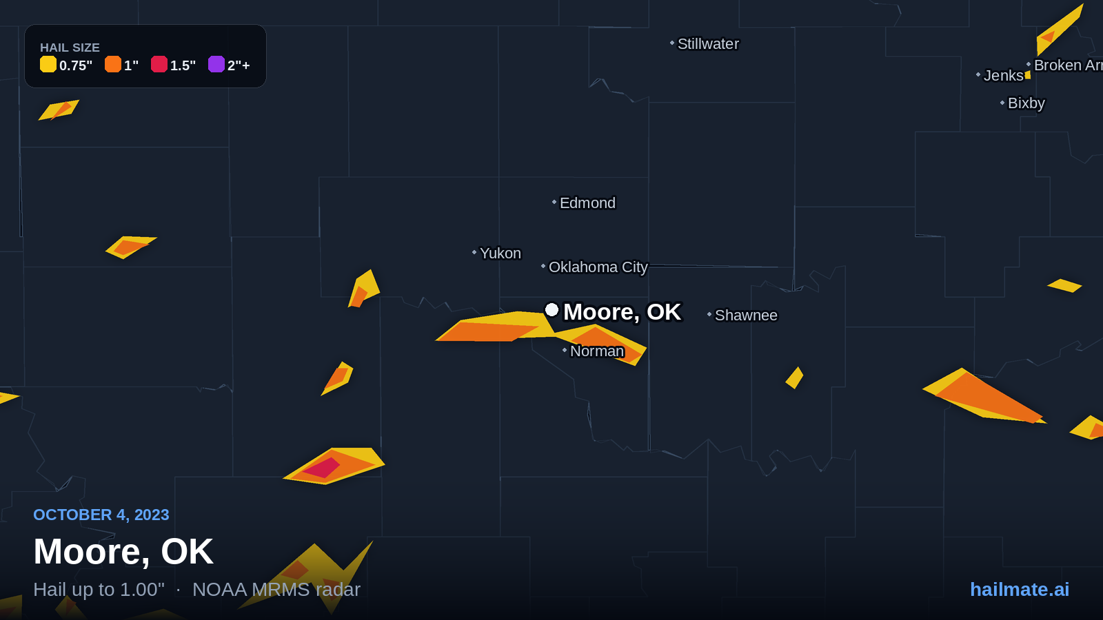 Hail swath map for Moore, OK on October 4, 2023 showing 1.00 inch hail.