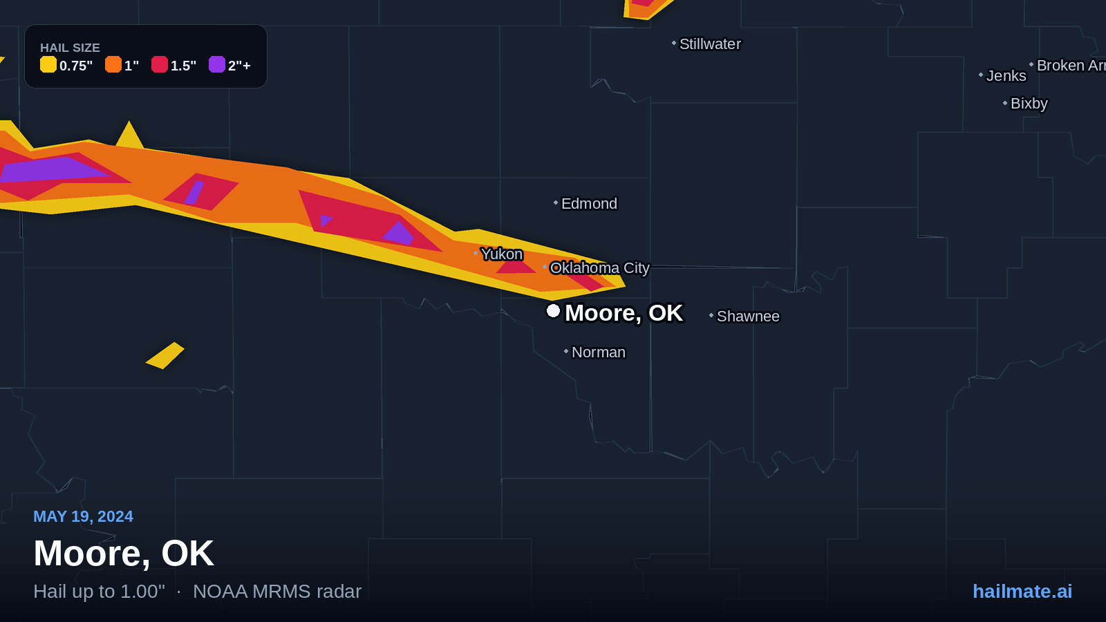 Hail swath map for Moore, OK on May 19, 2024 showing 1.00 inch hail.
