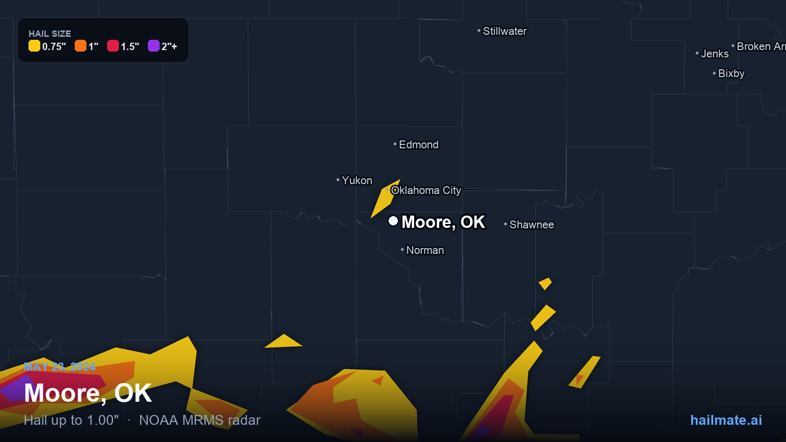 Hail swath map for Moore, OK on May 23, 2024 showing 1.00 inch hail.