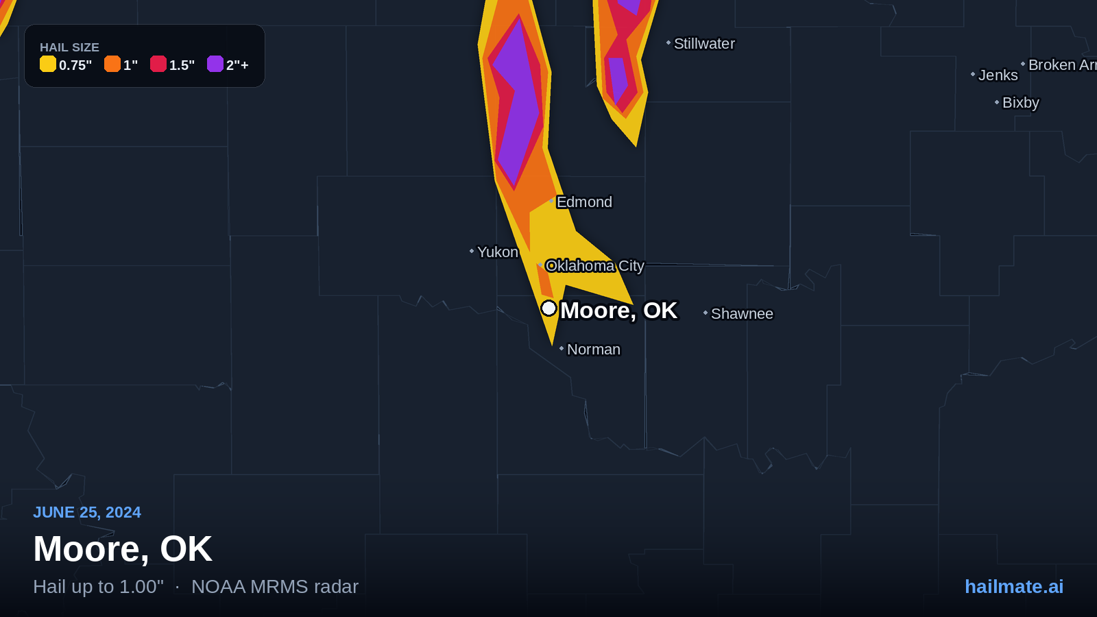 Hail swath map for Moore, OK on June 25, 2024 showing 1.00 inch hail.