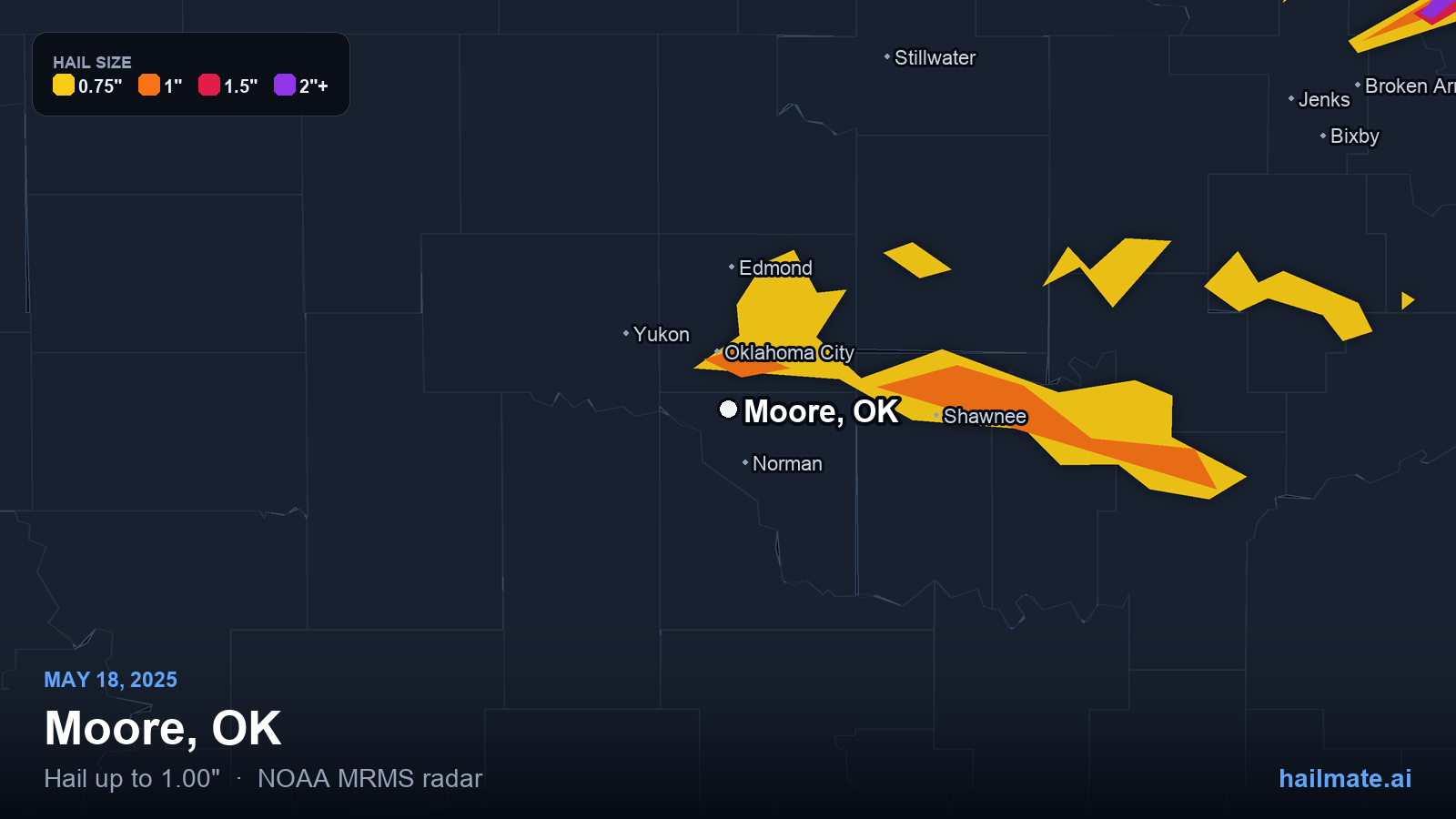 Hail swath map for Moore, OK on May 18, 2025 showing 1.00 inch hail.