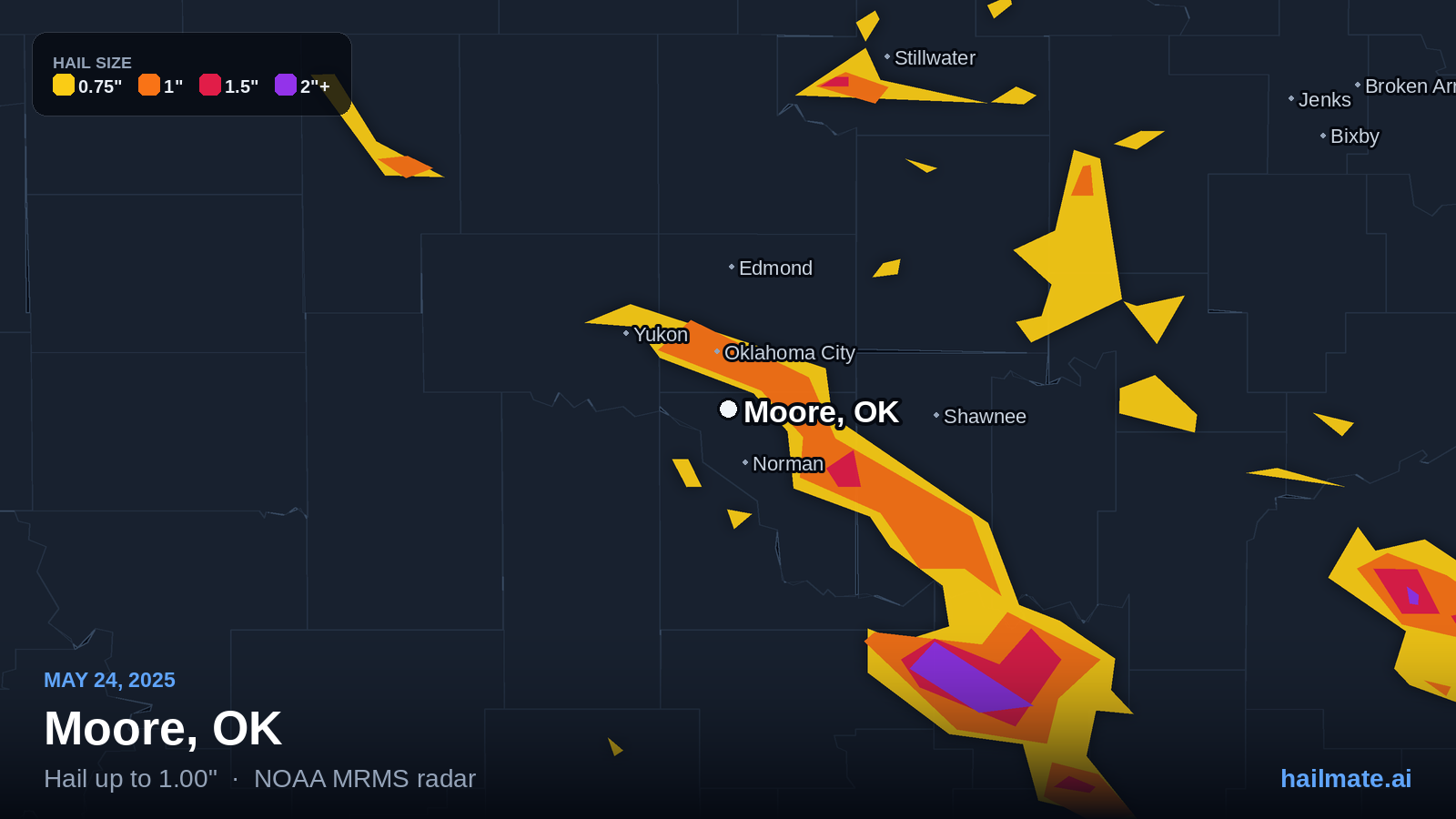 Hail swath map for Moore, OK on May 24, 2025 showing 1.00 inch hail.