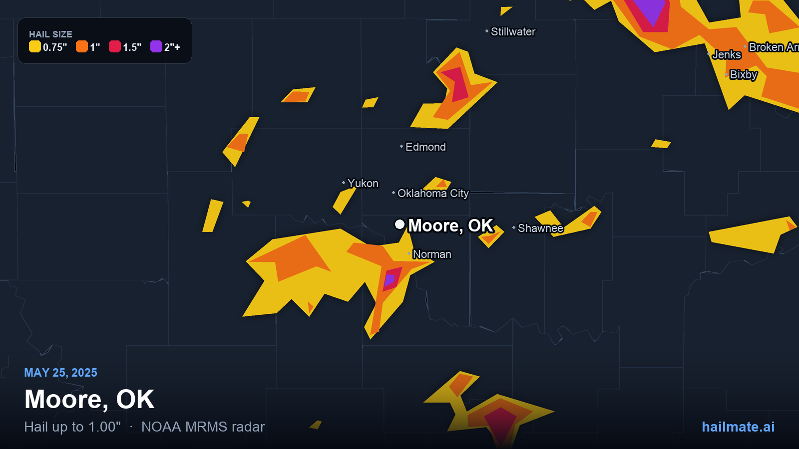 Hail swath map for Moore, OK on May 25, 2025 showing 1.00 inch hail.
