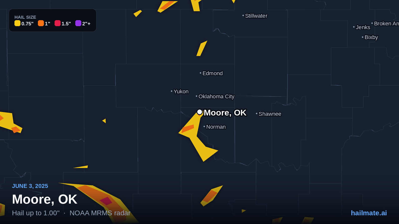 Hail swath map for Moore, OK on June 3, 2025 showing 1.00 inch hail.
