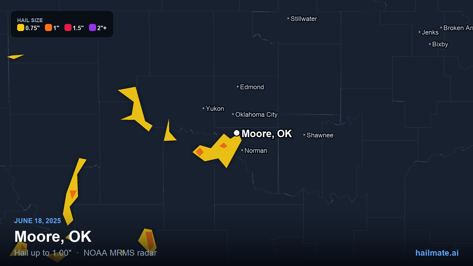 Hail swath map for Moore, OK on June 18, 2025 showing 1.00 inch hail.