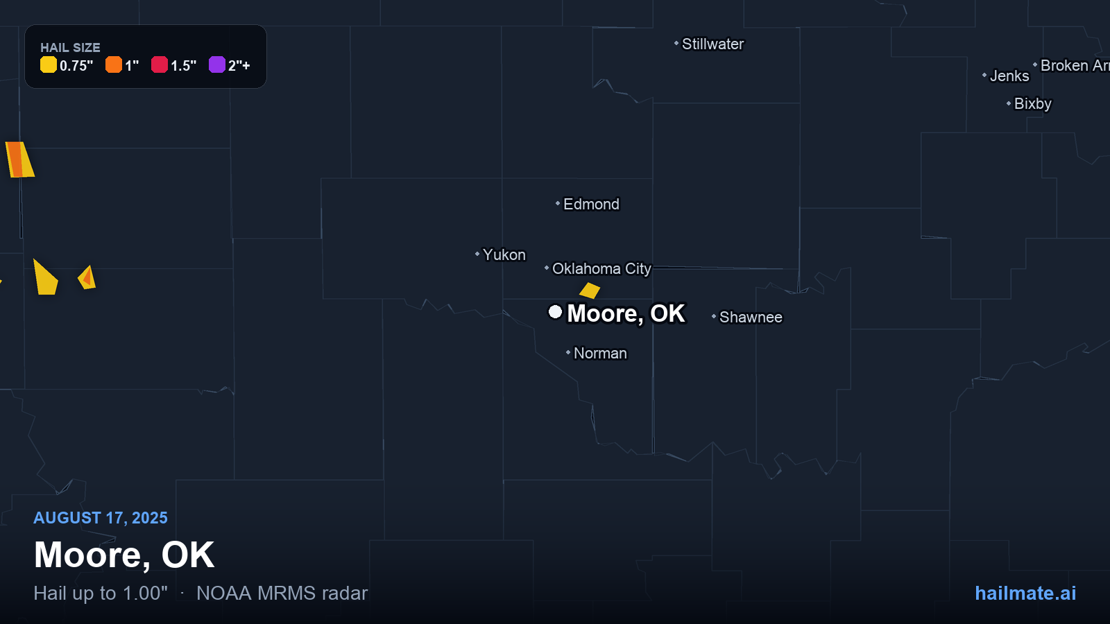 Hail swath map for Moore, OK on August 17, 2025 showing 1.00 inch hail.