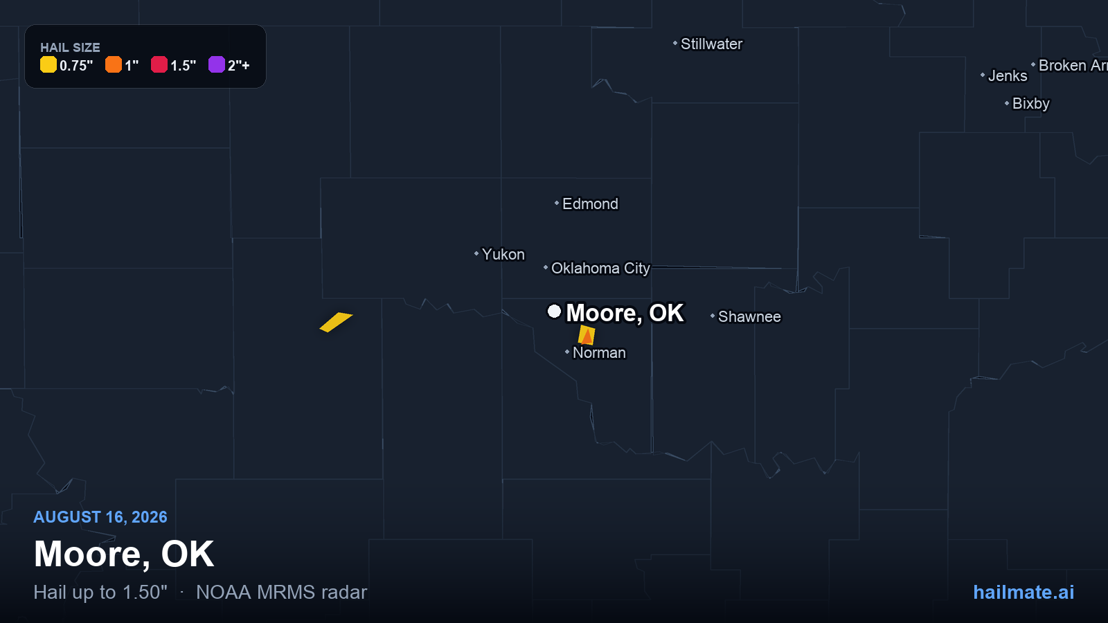 Hail swath map for Moore, OK on August 16, 2026 showing 1.50 inch hail.