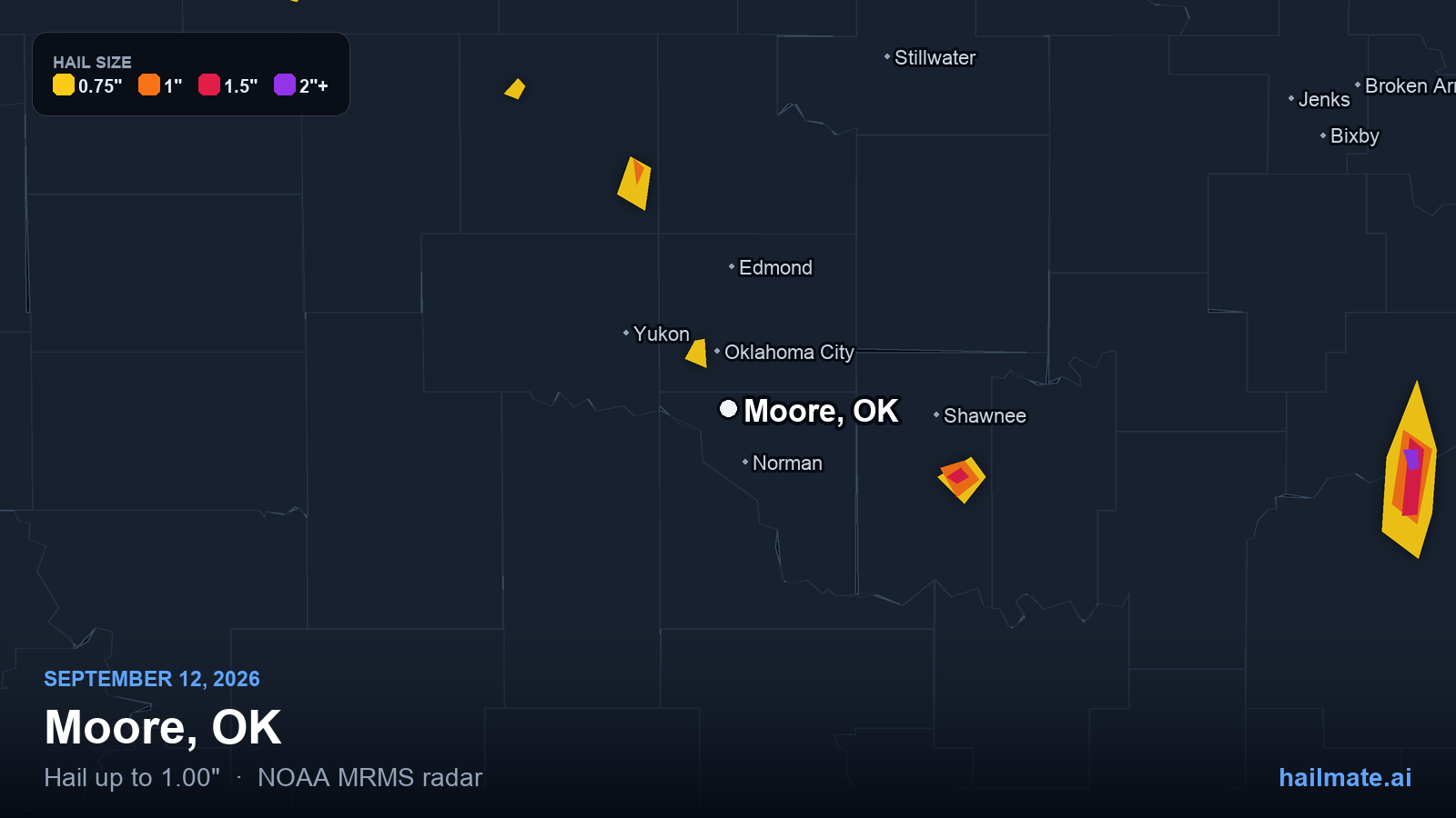 Hail swath map for Moore, OK on September 12, 2026 showing 1.00 inch hail.