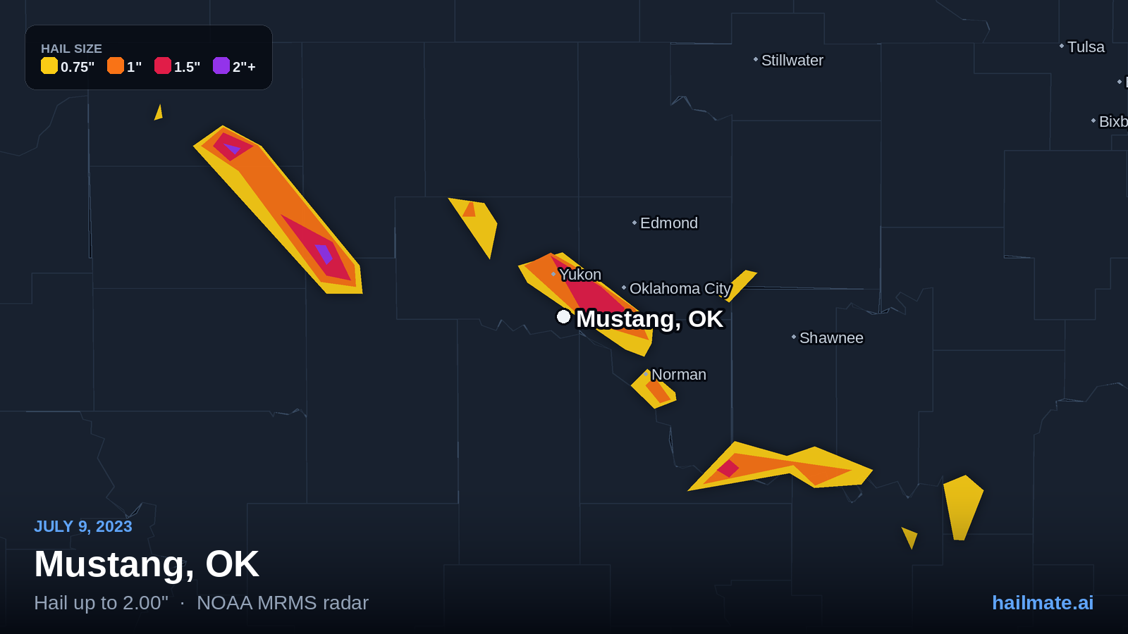 Hail swath map for Mustang, OK on July 9, 2023 showing 2.00 inch hail.