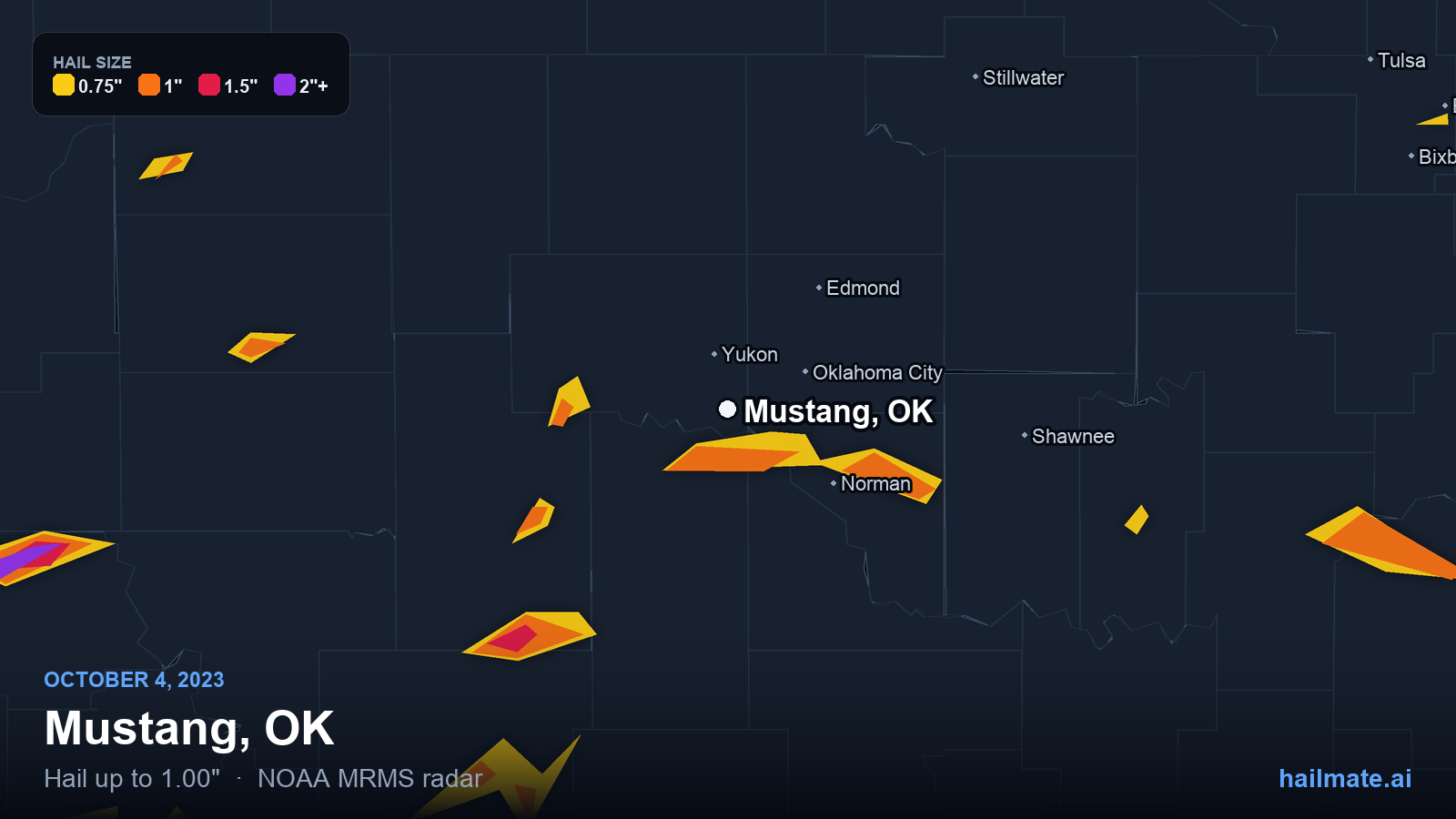 Hail swath map for Mustang, OK on October 4, 2023 showing 1.00 inch hail.