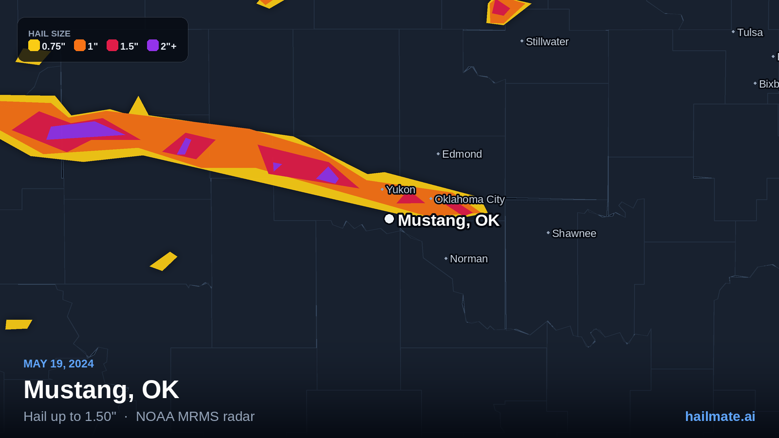 Hail swath map for Mustang, OK on May 19, 2024 showing 1.50 inch hail.