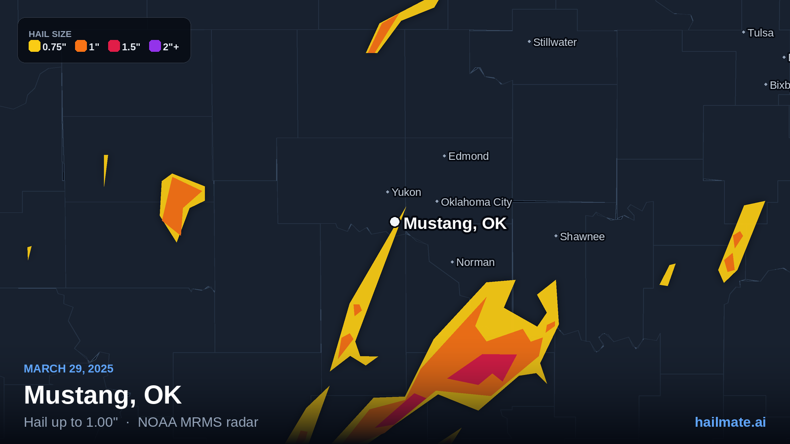 Hail swath map for Mustang, OK on March 29, 2025 showing 1.00 inch hail.