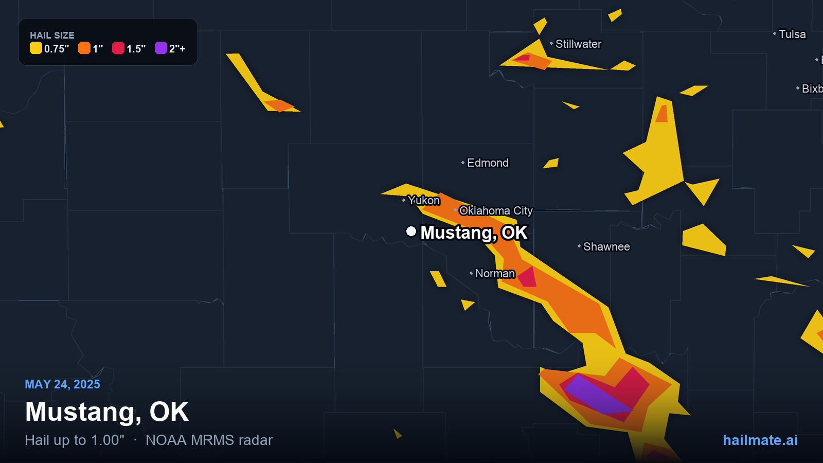 Hail swath map for Mustang, OK on May 24, 2025 showing 1.00 inch hail.