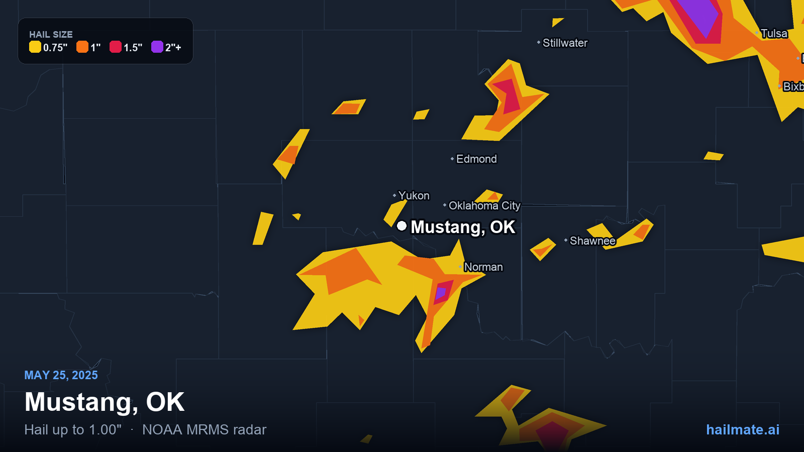 Hail swath map for Mustang, OK on May 25, 2025 showing 1.00 inch hail.