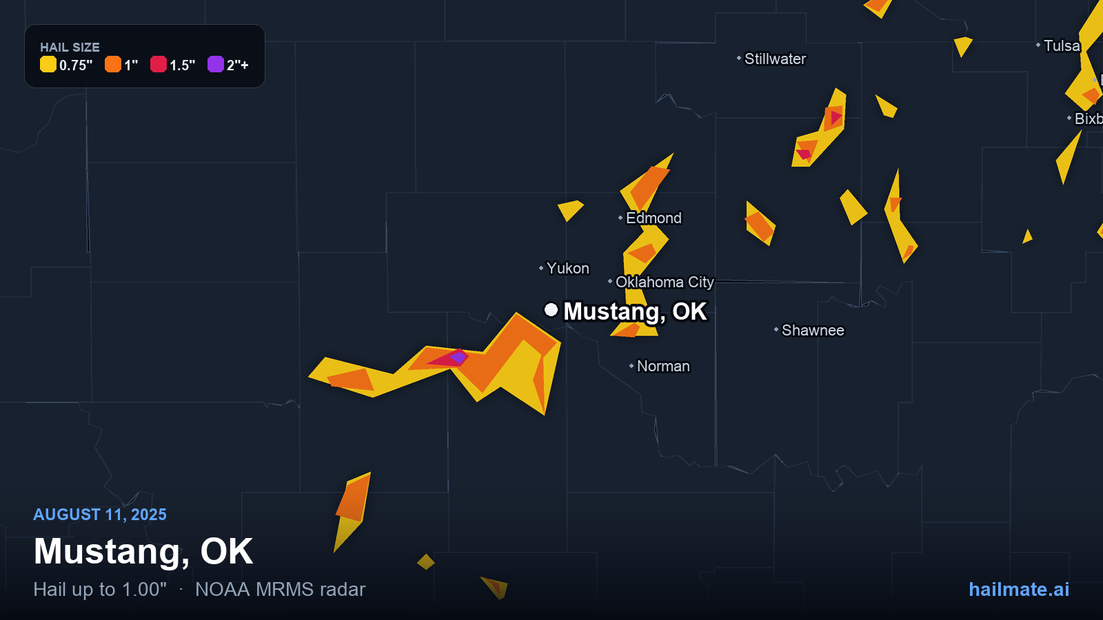 Hail swath map for Mustang, OK on August 11, 2025 showing 1.00 inch hail.