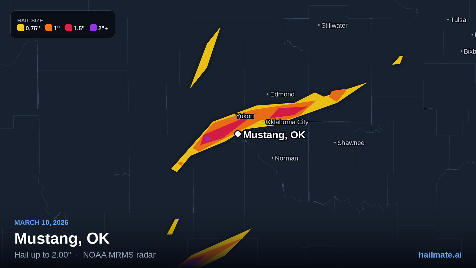 Hail swath map for Mustang, OK on March 10, 2026 showing 2.00 inch hail.