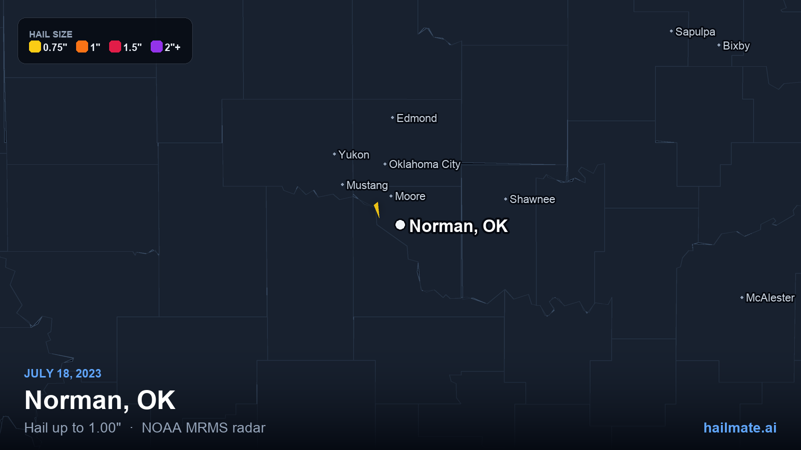 Hail swath map for Norman, OK on July 18, 2023 showing 1.00 inch hail.