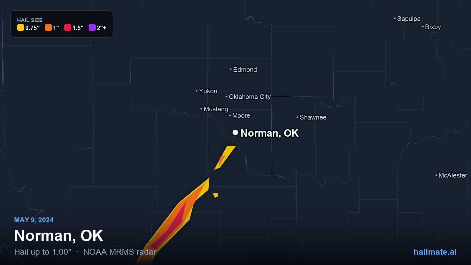 Hail swath map for Norman, OK on May 9, 2024 showing 1.00 inch hail.