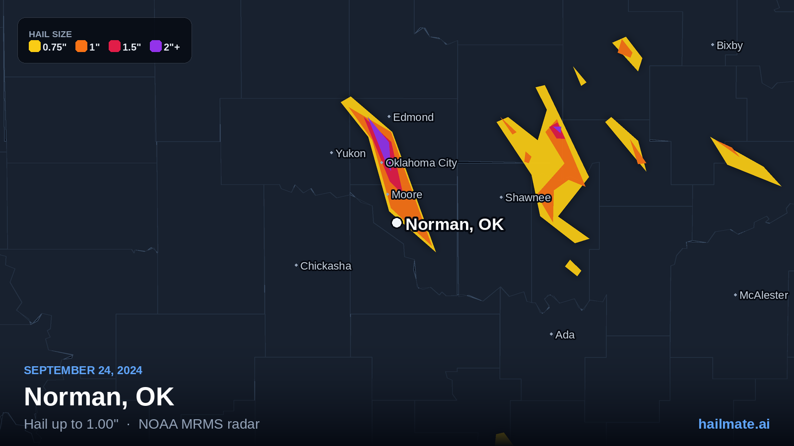 Hail swath map for Norman, OK on September 24, 2024 showing 1.00 inch hail.