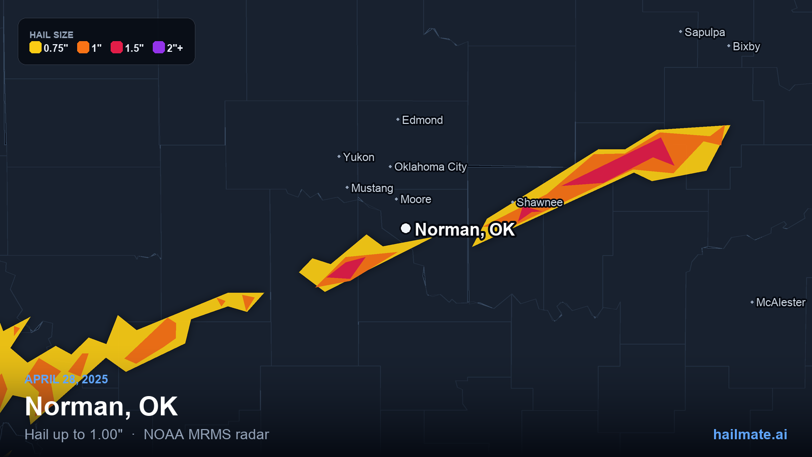 Hail swath map for Norman, OK on April 28, 2025 showing 1.00 inch hail.