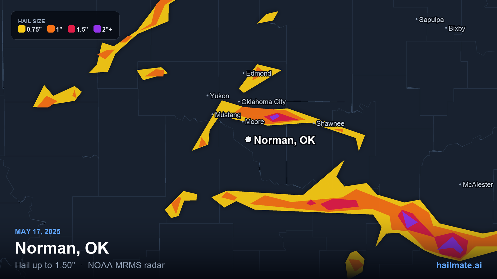 Hail swath map for Norman, OK on May 17, 2025 showing 1.50 inch hail.
