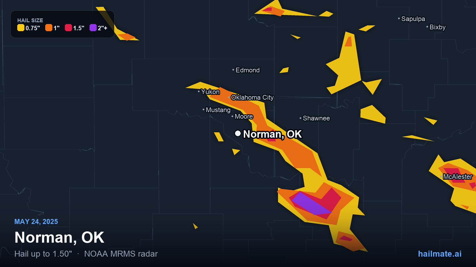 Hail swath map for Norman, OK on May 24, 2025 showing 1.50 inch hail.