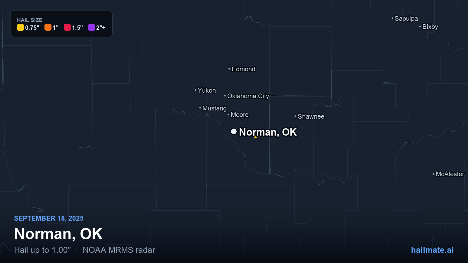 Hail swath map for Norman, OK on September 18, 2025 showing 1.00 inch hail.