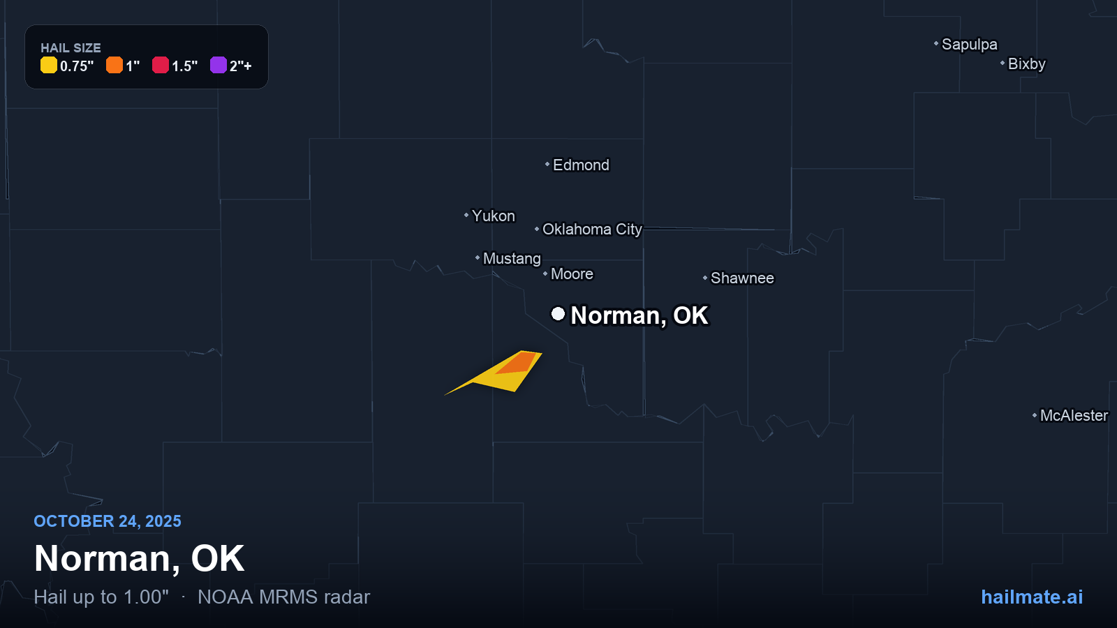 Hail swath map for Norman, OK on October 24, 2025 showing 1.00 inch hail.