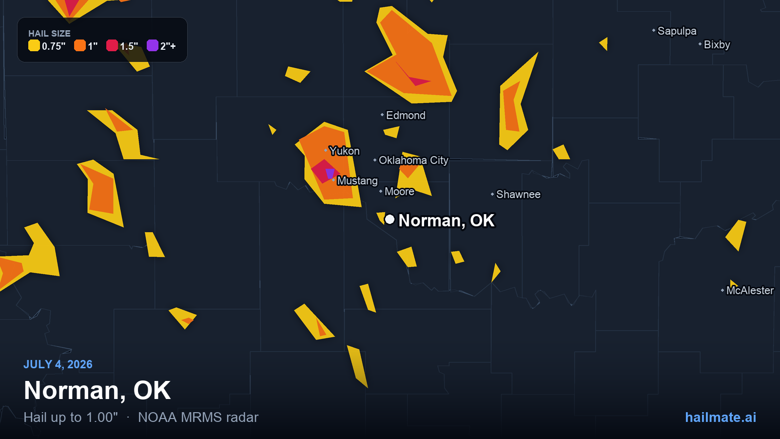 Hail swath map for Norman, OK on July 4, 2026 showing 1.00 inch hail.