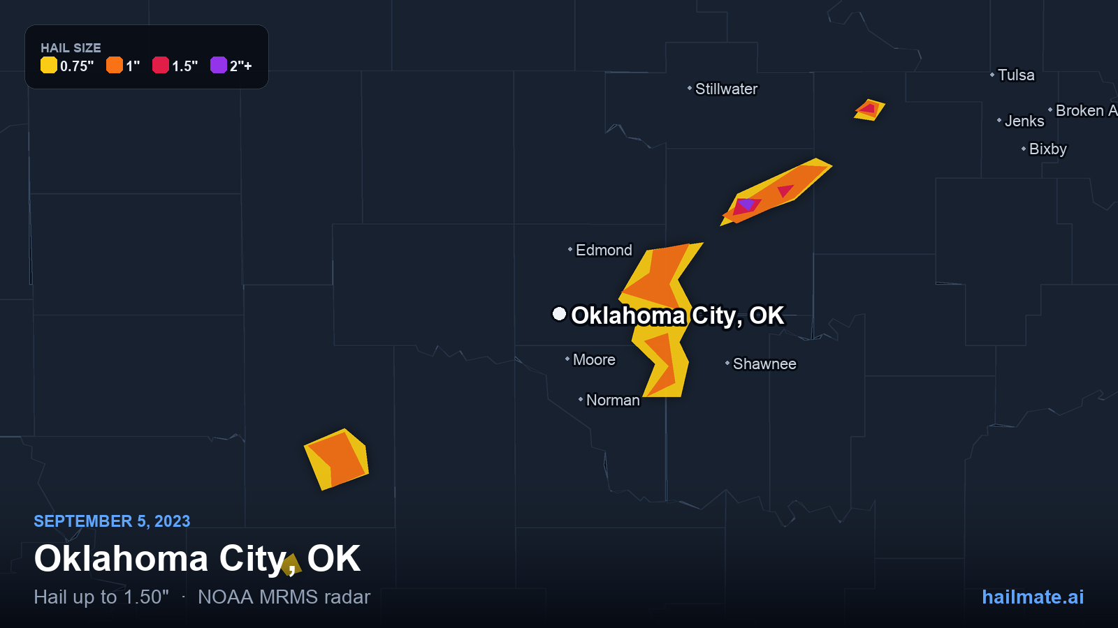 Hail swath map for Oklahoma City, OK on September 5, 2023 showing 1.50 inch hail.