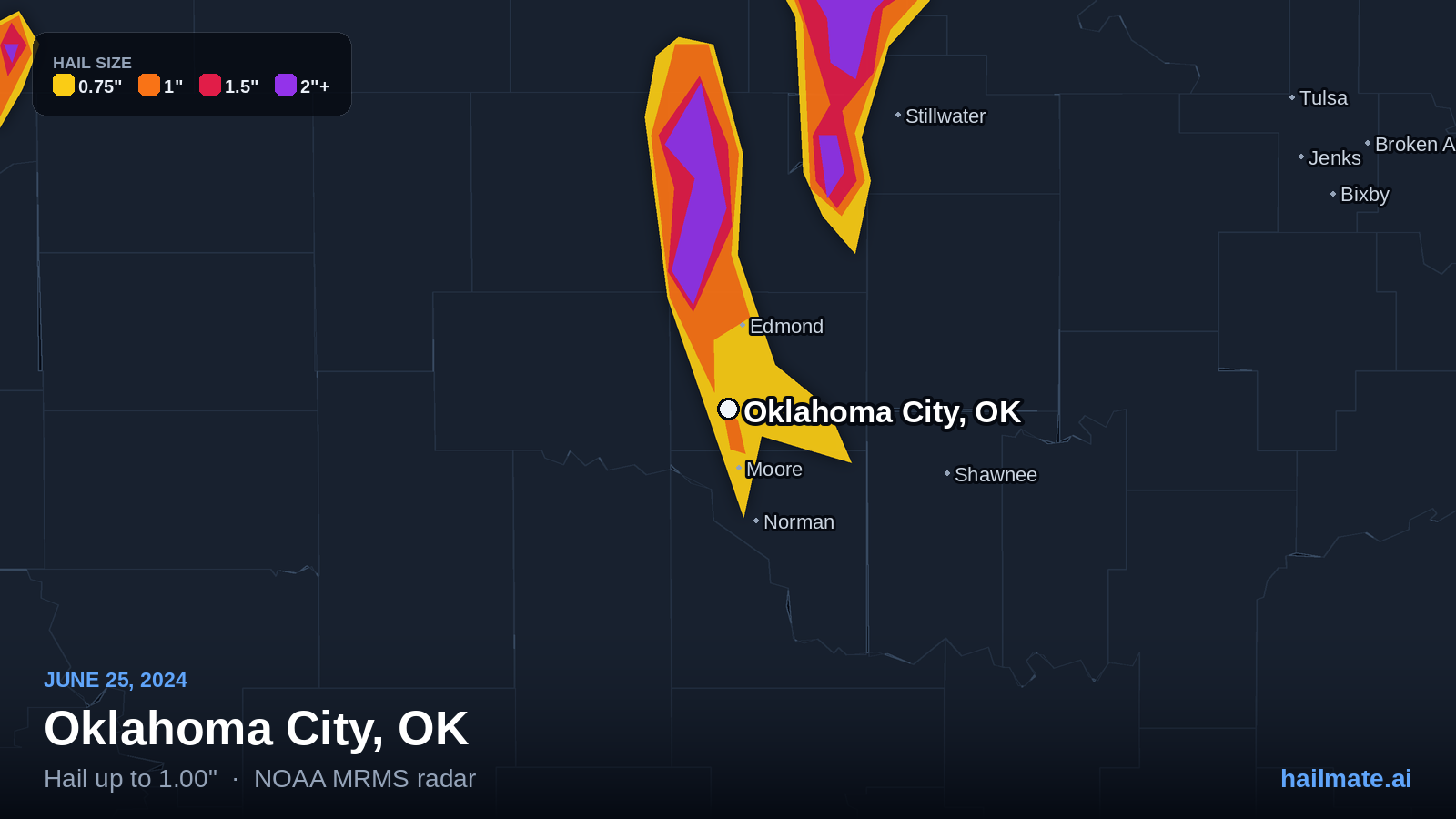 Hail swath map for Oklahoma City, OK on June 25, 2024 showing 1.00 inch hail.