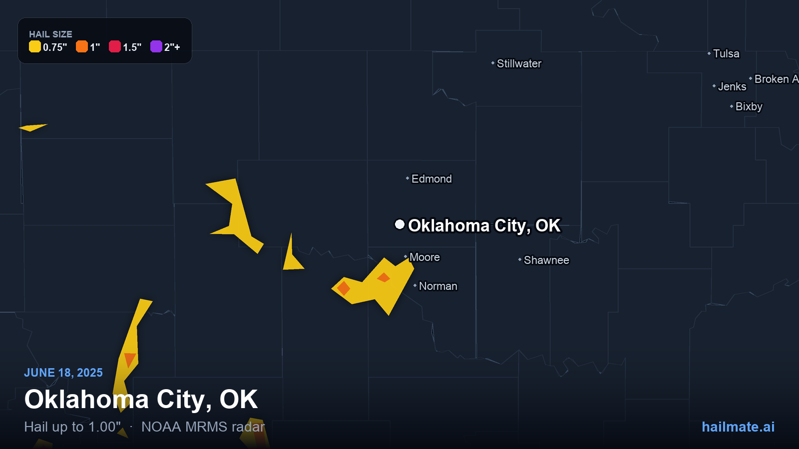Hail swath map for Oklahoma City, OK on June 18, 2025 showing 1.00 inch hail.