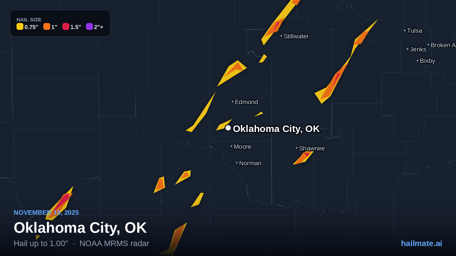 Hail swath map for Oklahoma City, OK on November 19, 2025 showing 1.00 inch hail.