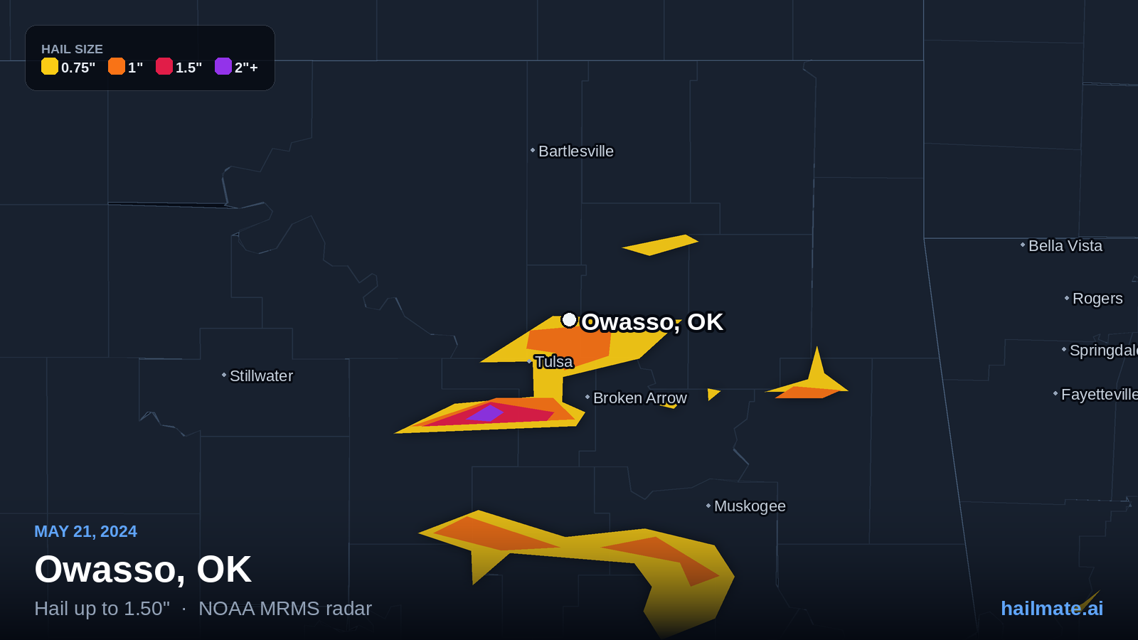 Hail swath map for Owasso, OK on May 21, 2024 showing 1.50 inch hail.