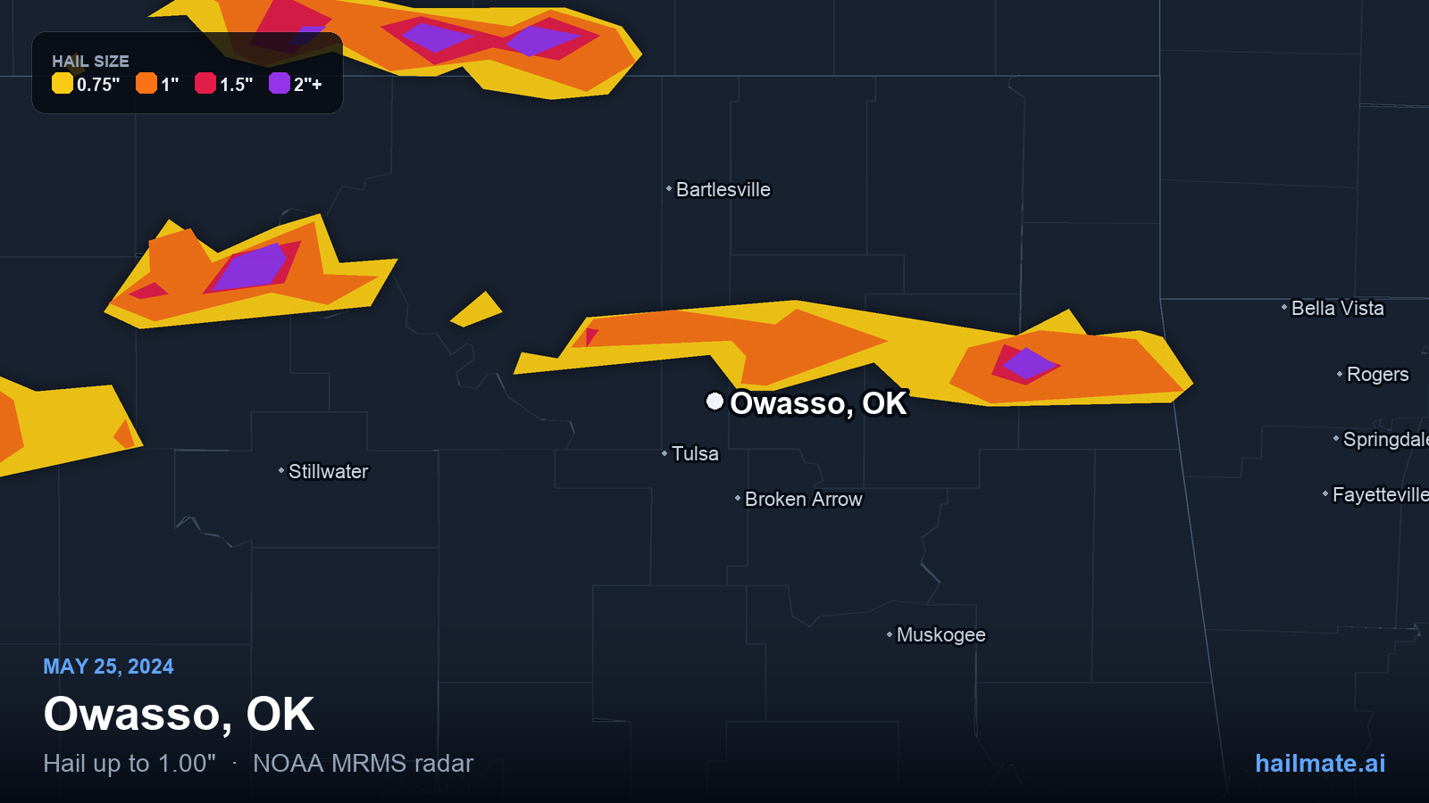 Hail swath map for Owasso, OK on May 25, 2024 showing 1.00 inch hail.