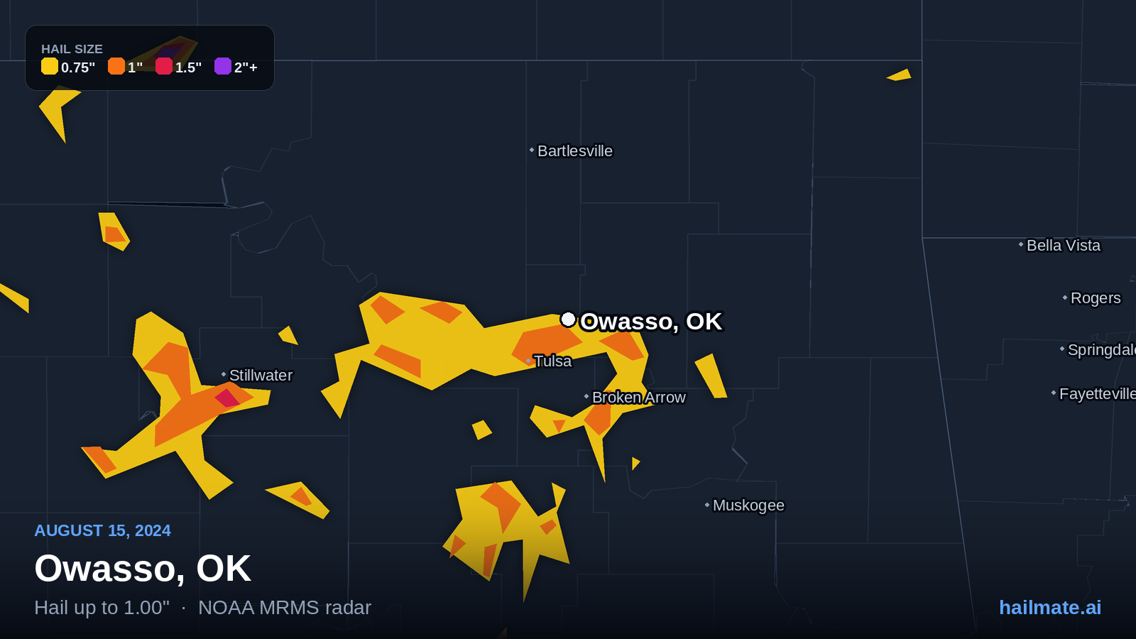 Hail swath map for Owasso, OK on August 15, 2024 showing 1.00 inch hail.