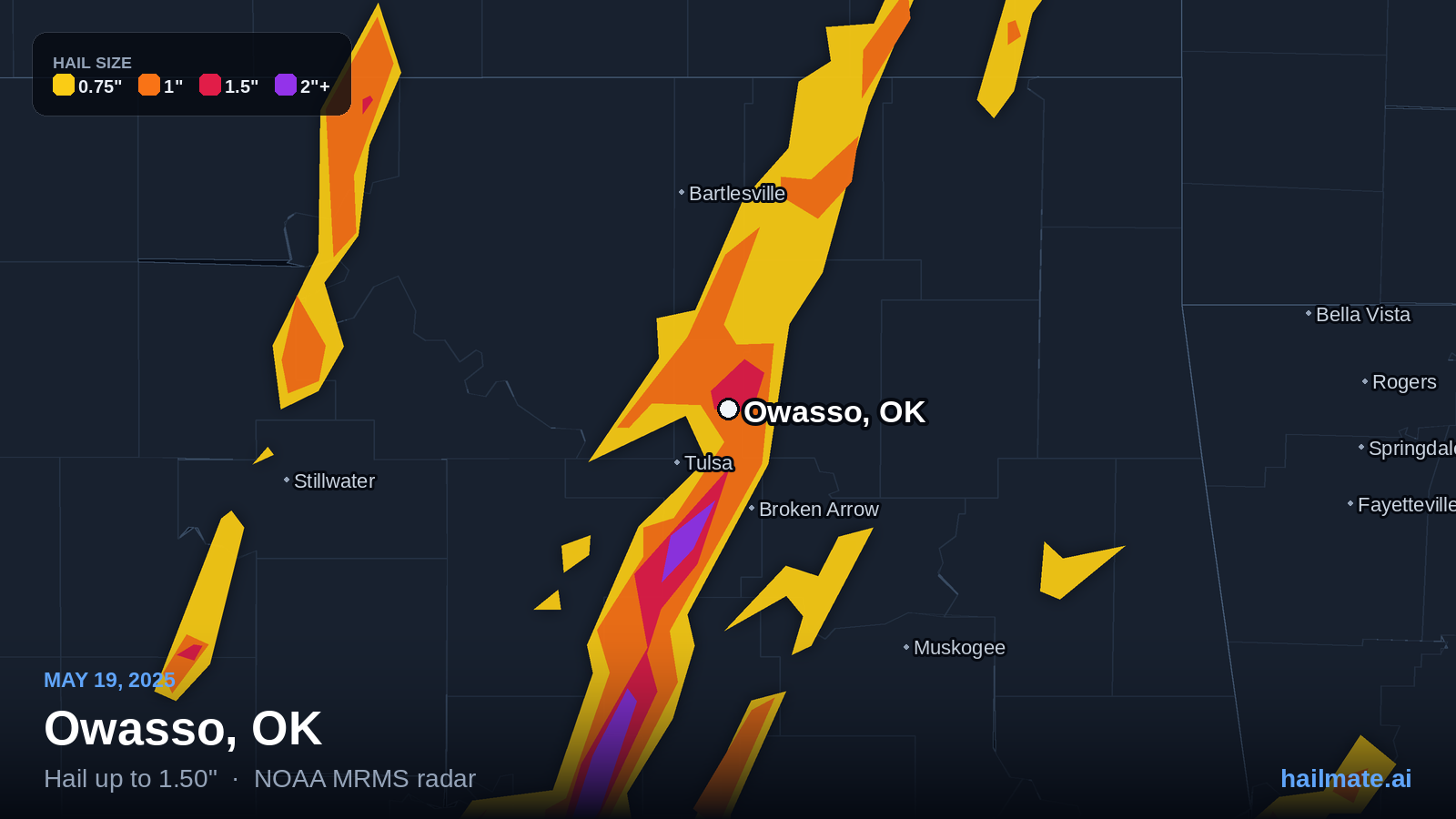 Hail swath map for Owasso, OK on May 19, 2025 showing 1.50 inch hail.