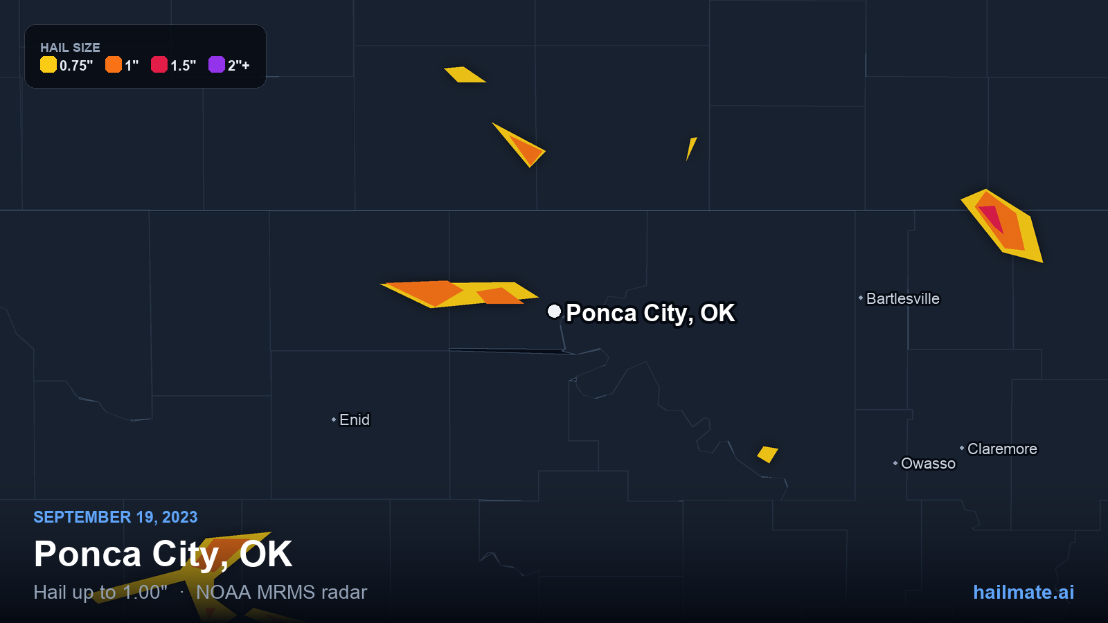 Hail swath map for Ponca City, OK on September 19, 2023 showing 1.00 inch hail.